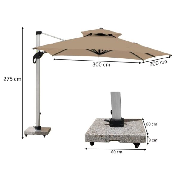 3m × 3m Cantilever Umbrella – Full Aluminium Frame, Waterproof Fabric, 80KG Marble Base with Wheels – 2100 AED
